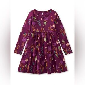 Tea Collection Girls Tiered Henley Dress Purple Floral Long Sleeve - Size 3